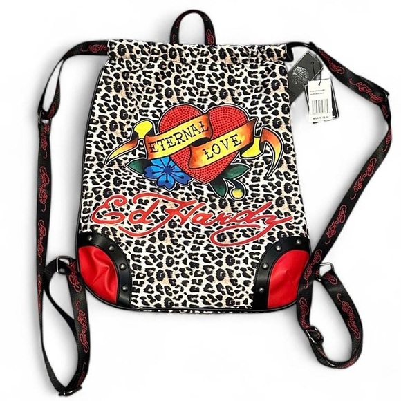 Ed Hardy Handbags - NWT Ed Hardy Eternal Love Leopard Print Drawstring Backpack NWT Red Rhinestones
